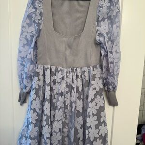 Floral Gray Dress with Sheer Sleeves